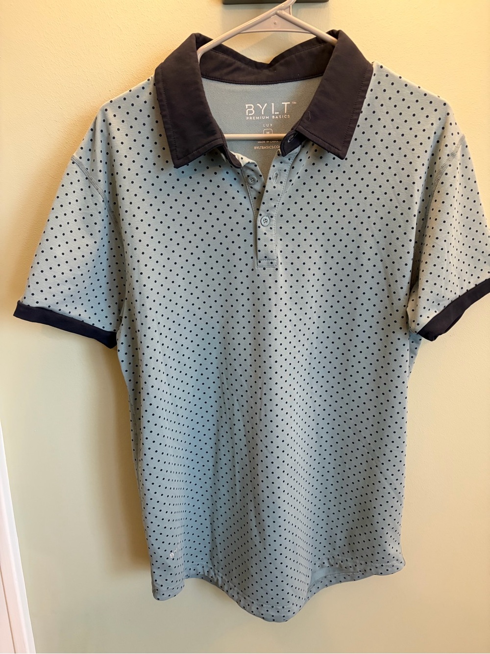 BYLT Basics Light Blue Polo with Navy Trim and Dot Pattern